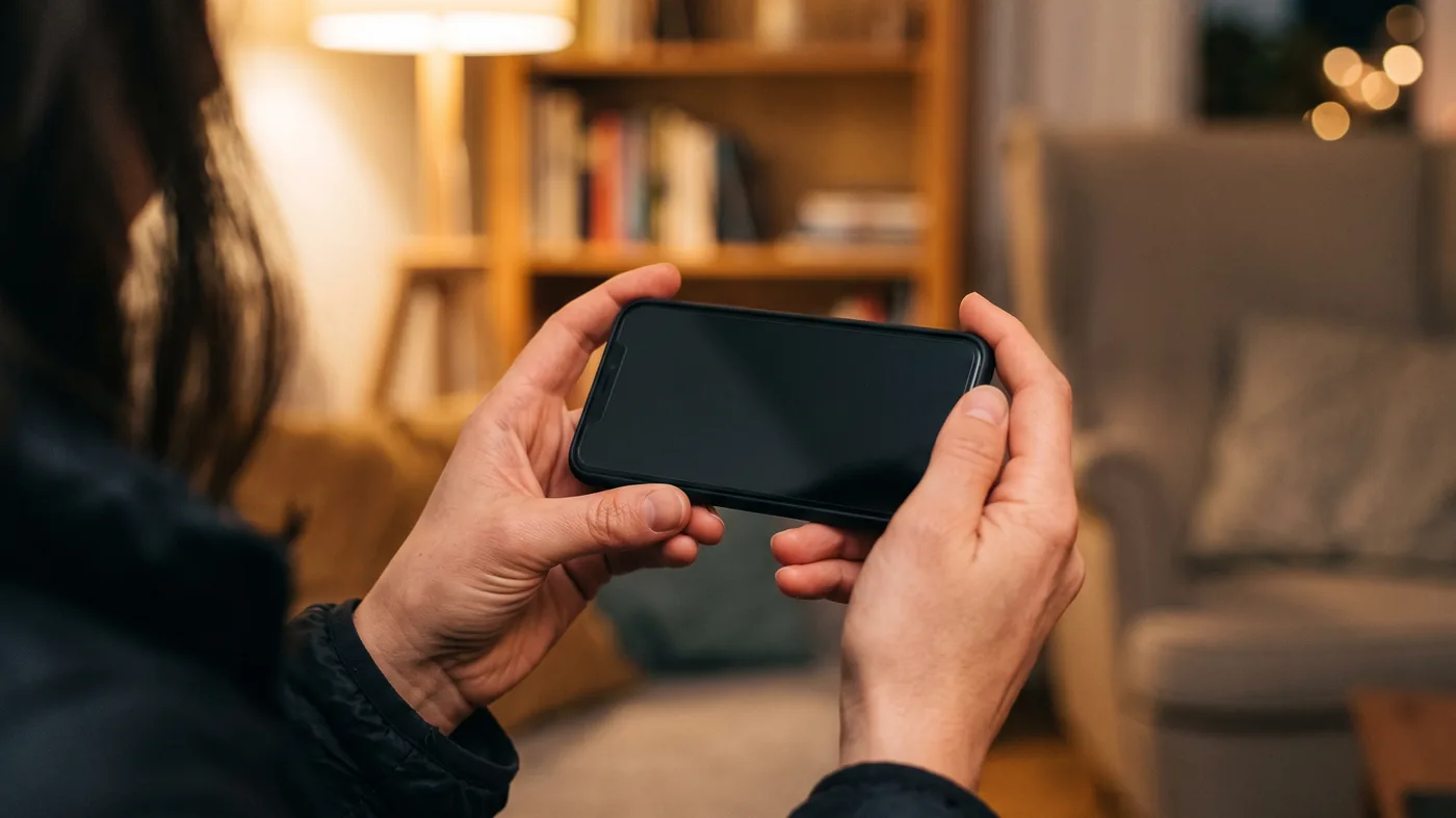 Two hands holding a phone in a warmly lit living room.