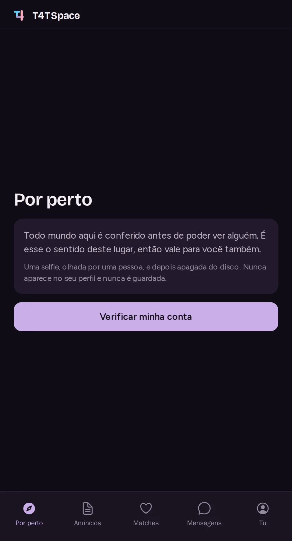 A tela Por perto de uma conta nova do T4TSpace: ninguém fica visível até que uma pessoa tenha verificado a conta.