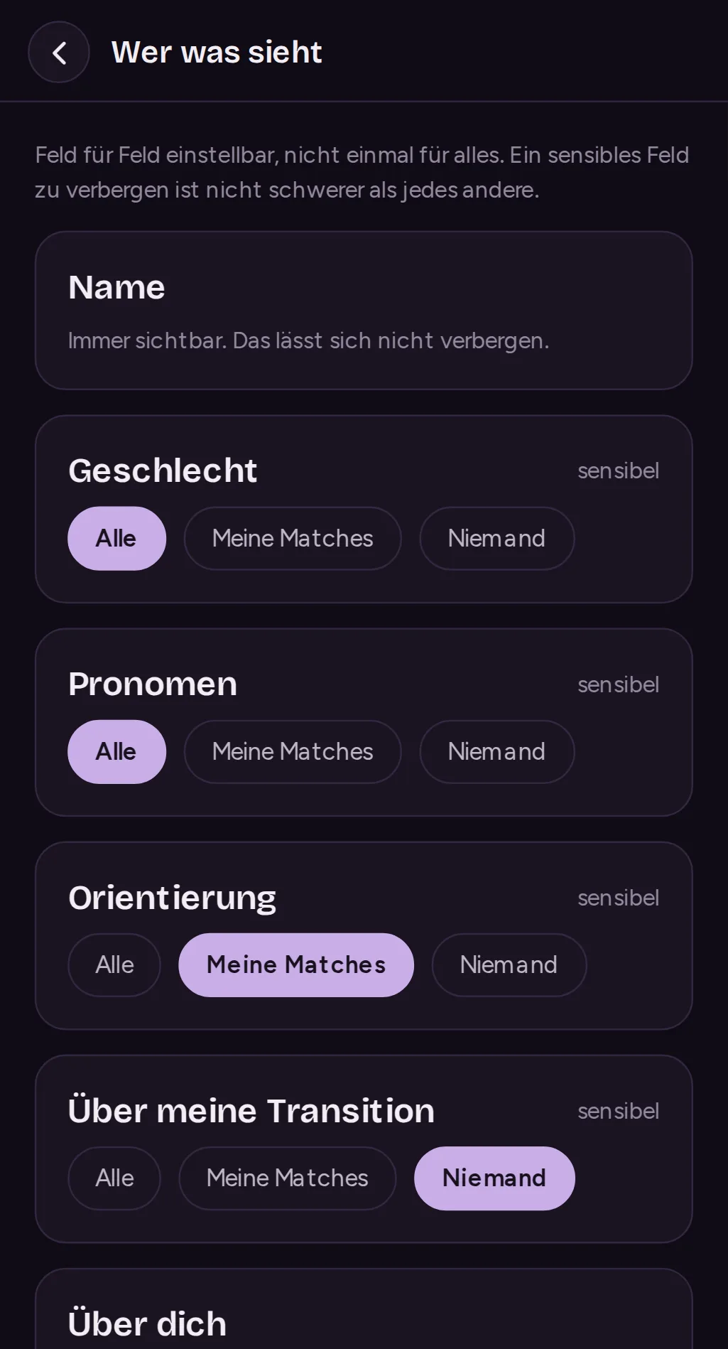 Der Bildschirm Wer sieht was: jedes Profilfeld einzeln auf alle, deine Matches oder niemanden gestellt.