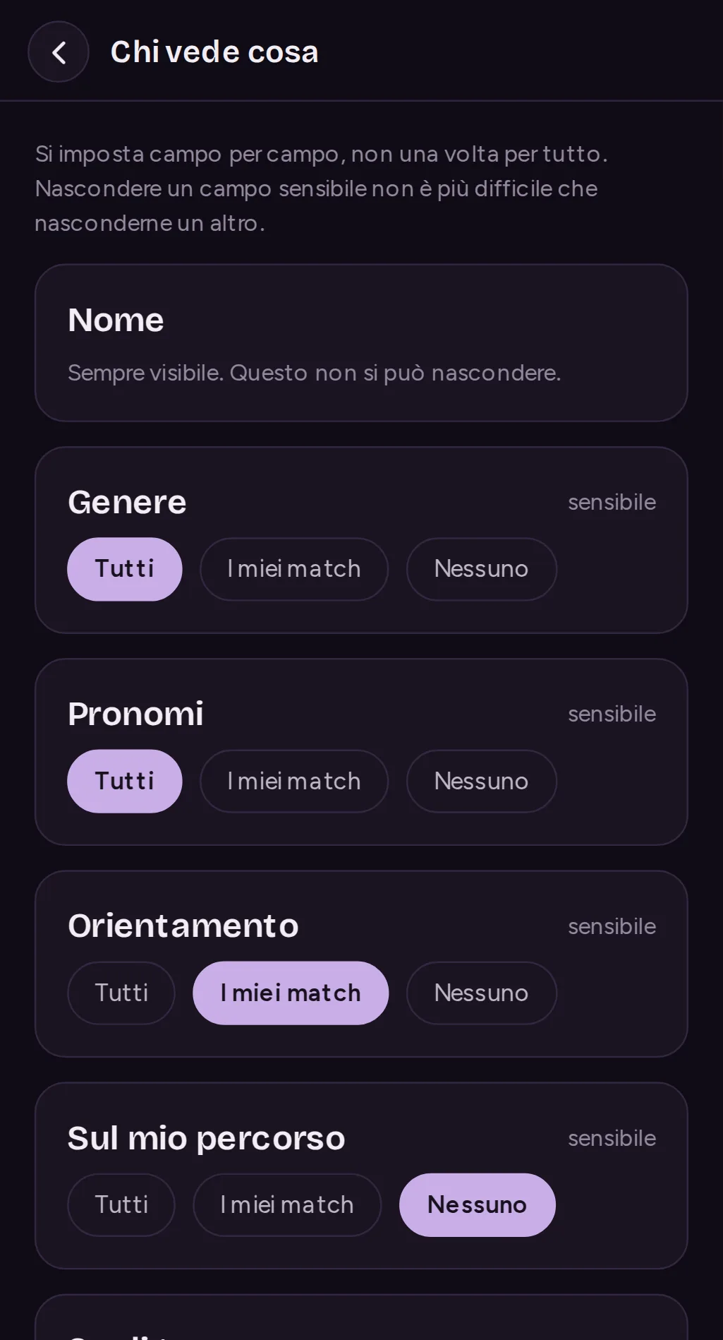 La schermata Chi vede cosa: ogni campo del profilo impostato su tutti, i tuoi match o nessuno, uno per uno.