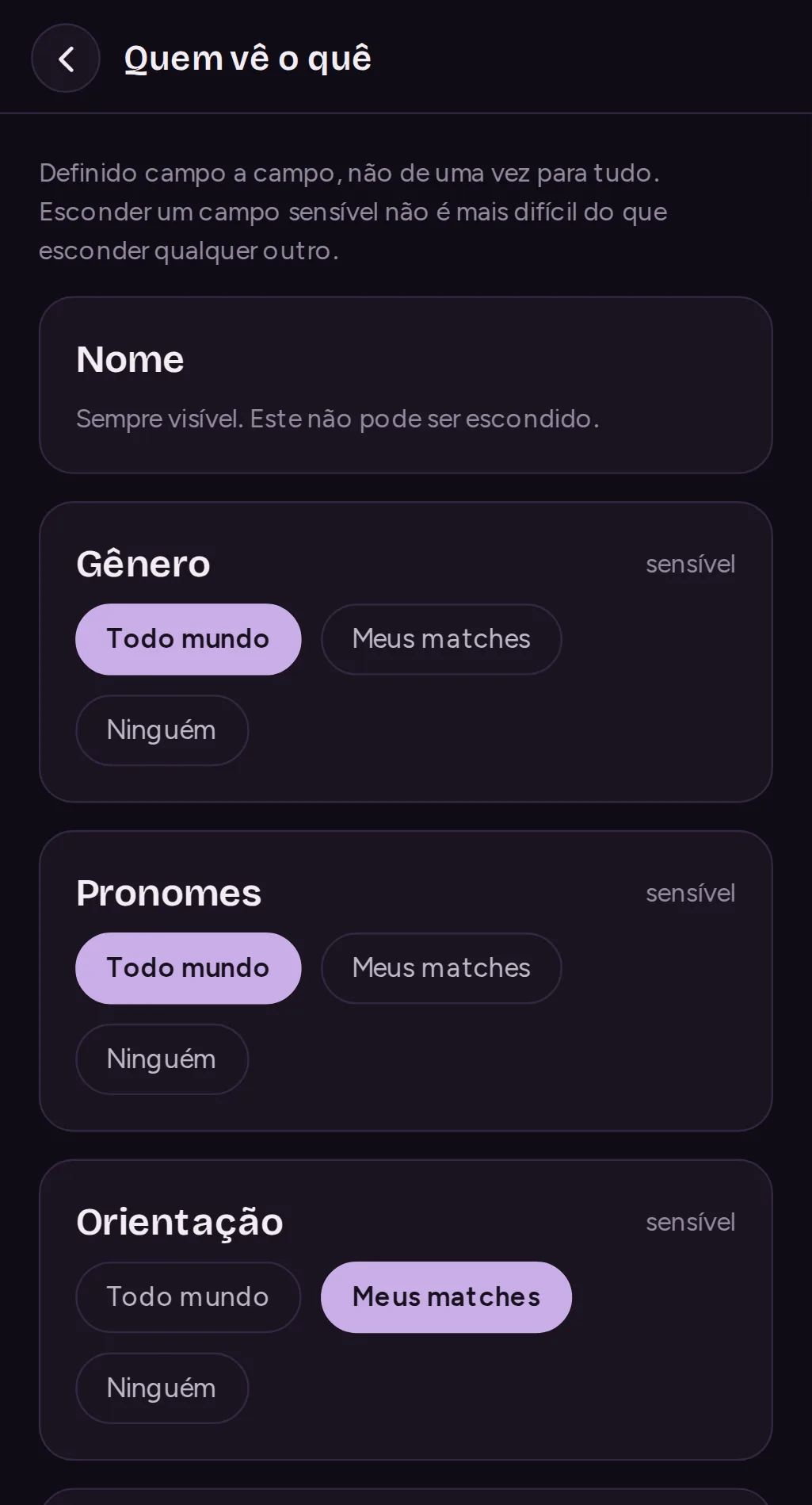A tela Quem vê o quê: cada campo do perfil ajustado para todo mundo, seus matches ou ninguém, um a um.