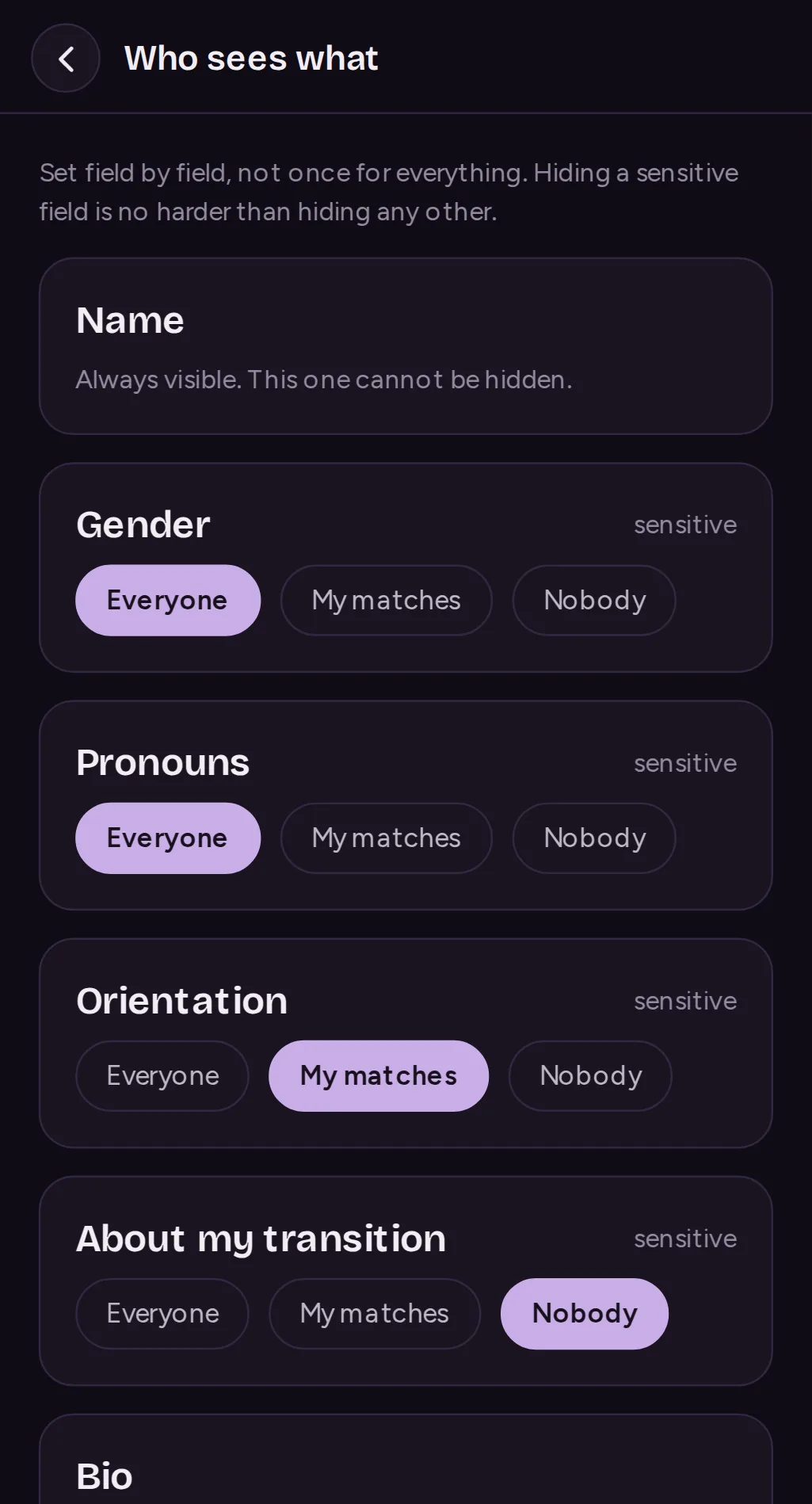 The Who sees what screen: every profile field set to everyone, your matches or nobody, one by one.