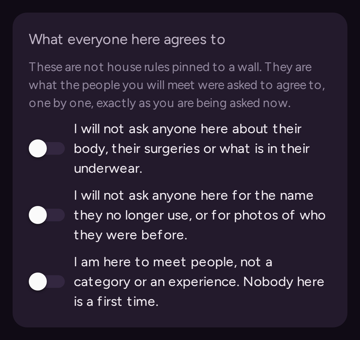The three commitments, as they appear during sign-up