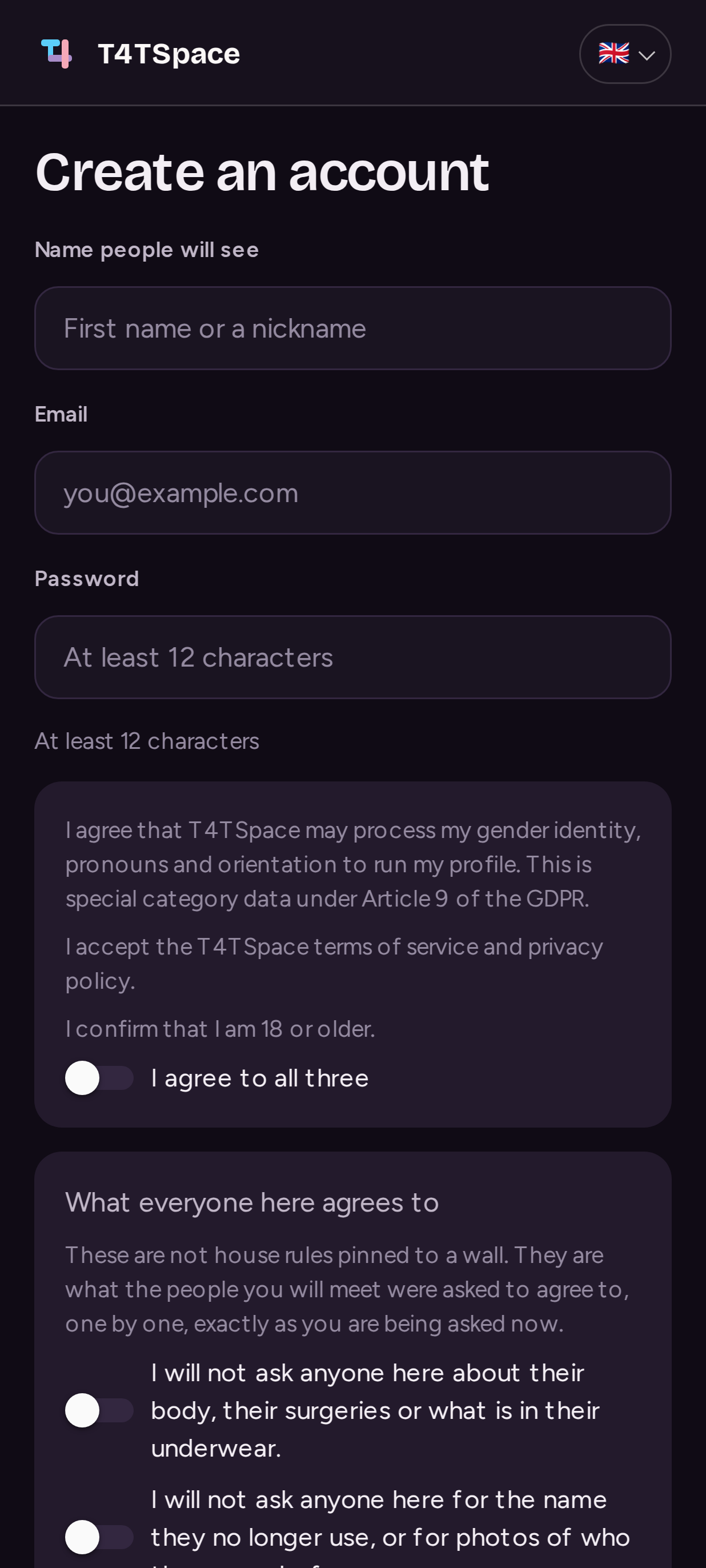The sign-up screen they sit on